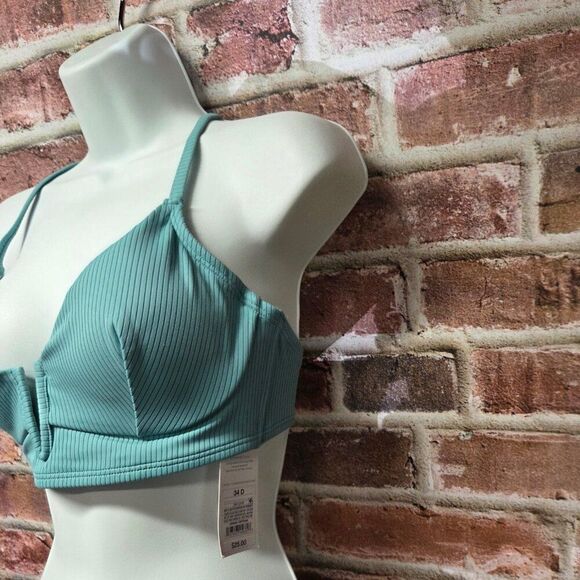 Shade & Shore Bikini Top 34D Green Triangle V Wire Ribbed Removable Cups Chic - Picture 5 of 6